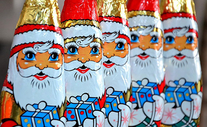 A row of chocolate santas