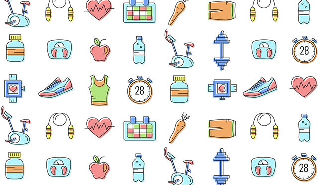 Various graphics depicting fitness items like water and weights