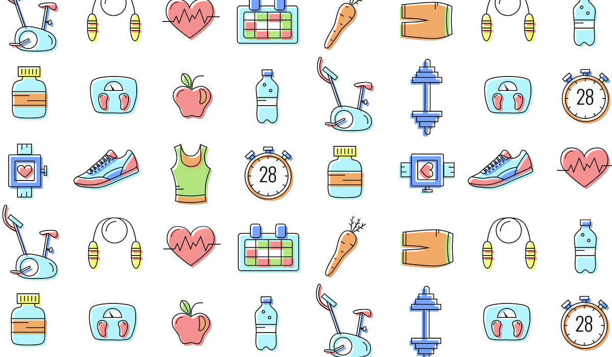 Various graphics depicting fitness items like water and weights
