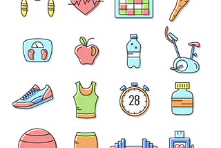Various graphics depicting fitness items like water and weights